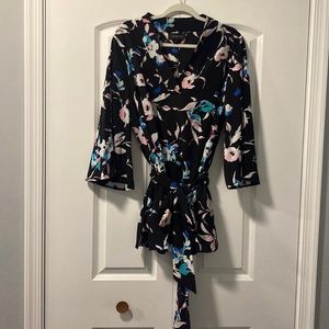 Stylish black with floral pattern kimono style blouse with fabric belted tie